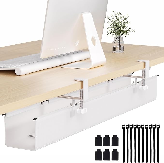 Under Desk Cable Management Tray 39.7" - No Drill Computer Wire Organizer Cable Tray, Cord Hider Clamp Mount with 16X Cable Ties PC Cables Management Cord Holder for Office/Home (Upgrade Fabric