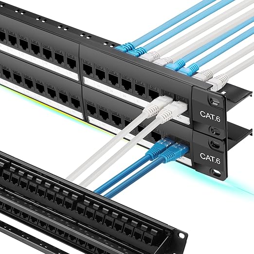 Rapink Patch Panel 48 Port Cat6 with White Inline Keystone 10G Support, Pass-Thru Coupler Patch Panel UTP 19-Inch with Removable Back Bar, 1U Network Patch Panel for Cat6, Cat5e, Cat5 Cabling