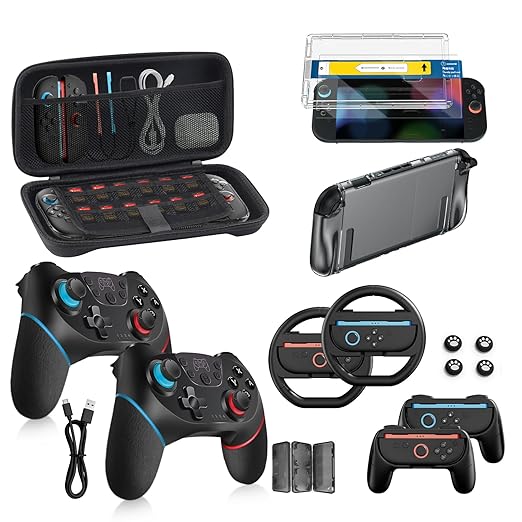 Accessories Bundle for Nintendo Switch 2, 16-in-1: Carrying Case, 2 Screen Protectors, Steering Wheel, Grip for Joycon Controller, Dockable Console Protective Cover Shell, etc. 2025 Switch2 Game Kit