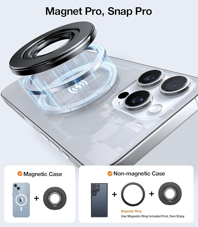 TORRAS 2025 Upgrade (Dual-Ring) Fit for MagSafe Phone Grip Ring Holder Compatible with MagSafe Kickstand Magnetic for iPhone 16/15/14/13/12/11 Samsung, Google Accessories, Black