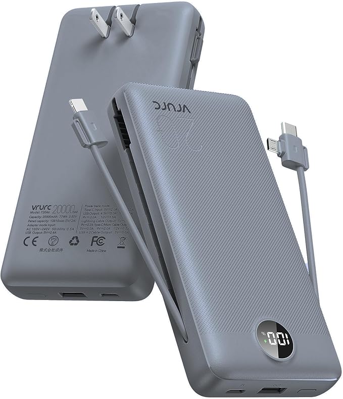 VRURC Power Bank 20000mAh, Fast Charging Portable Charger USB C,4 Output 2 Input Travel Essentials Charging Bank Equipped with LED Display,Built-in Wall Plug and Cables,Phone Charger Battery