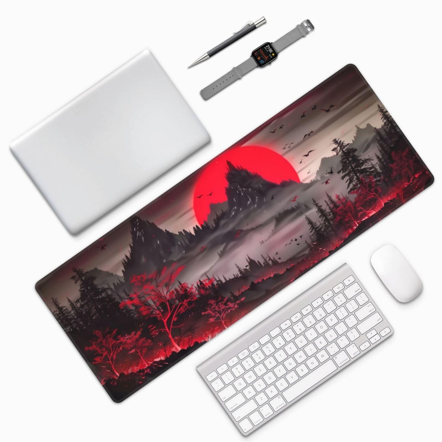 Extended Gaming Mouse Pad, Large Desk Mat XL Anime Mouse Pad Waterproof with Stitched Edges, Non-Slip Desktop Pad for Home and Office, Level Up Your 31.5x11.8 Inch (Darkness Red Moon2)