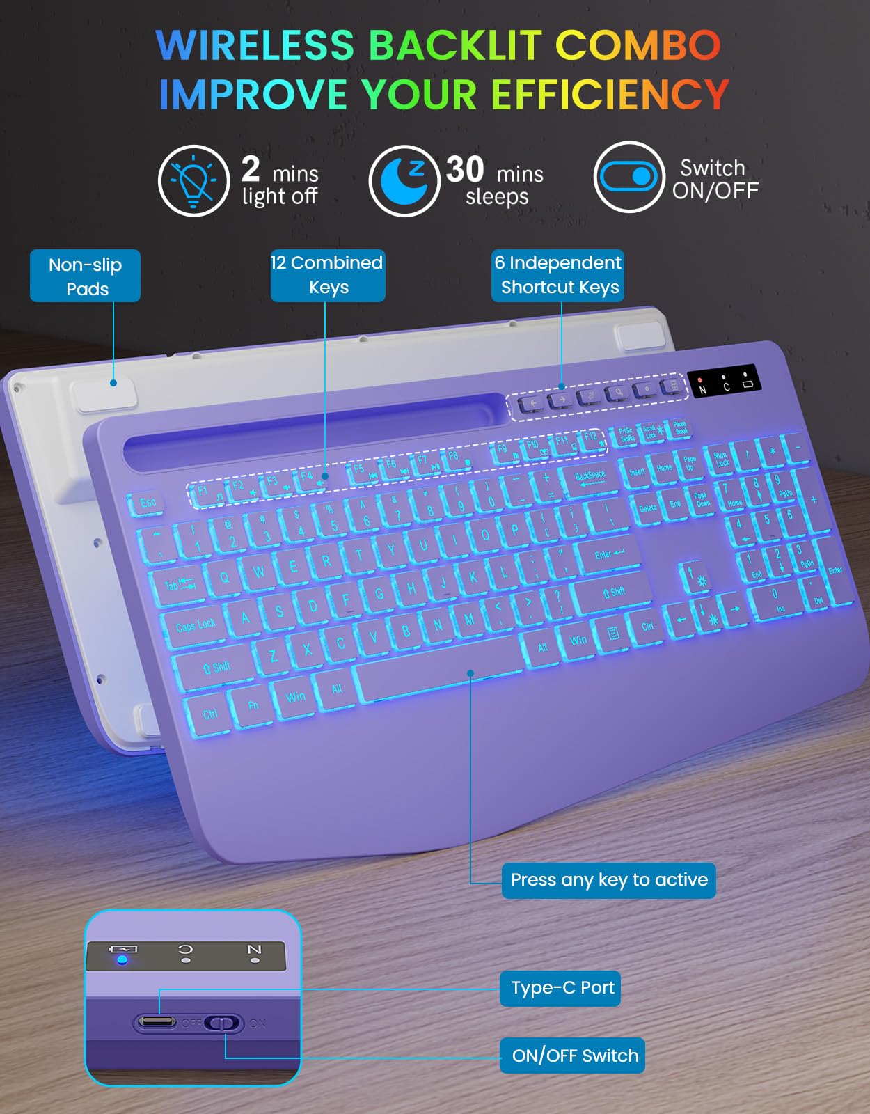 Wireless Keyboard, 7 Colored Backlits, Wrist Rest, Phone Holder-Purple