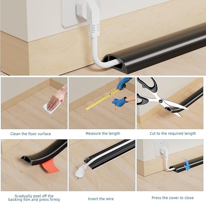 4ft Side Buckle Floor Cord Cover for Wires, Selfadhesive Extension Cord Hider Easy Floor Cable Management Prevent Cable Trips,Silicone Floor Wire Covers for Cords, Cable Protector Cord Cavity(Black)