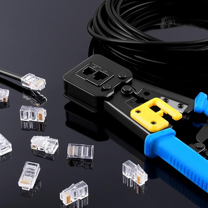 Delgada rj45 Crimp Tool with 50pcs Pass Through Connectors, for Cat6 Cat5e Cat5 Crimping Tool Kit, 50PCS Connectors, Network Cable Tester and Wire Stripper Included, for RJ45/RJ12 Regular