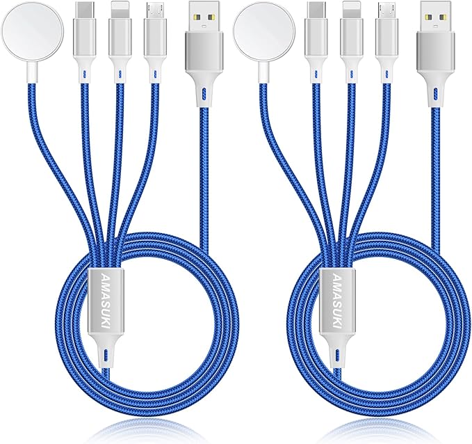 2Pack Multi Charging Cable for Apple Watch Charger 4 in 1 Travel Essentials RV Camping Essentials USB C/L/Micro Compatible with iWatch Series 11-1/iPhone 17/16/15/Android Airplane Gadgets-4FT
