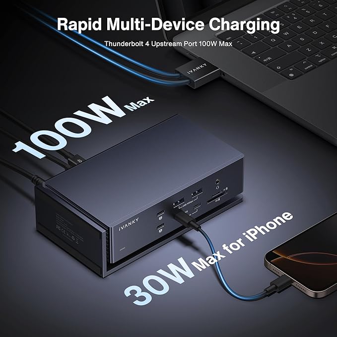 iVANKY FusionDock Max 1 Dual Thunderbolt 4 Chips, 20-in-1 Quad 6K@60Hz Monitor MacBook Air Docking Station, 40Gbps Dock for MacM1/M2/M3/M4 Pro/Max, 2HDMI 2.0, 96W PD, 10Gbps USB, 2.5 GbE, SD/TF 4.0