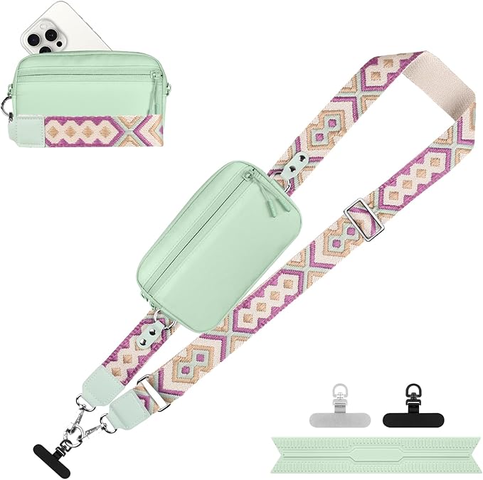 YFWE Clip and Go Strap for Phone with Wallet Crossbody, Adjustable Phone Lanyard with Detachable RFID Wristlet Wallet, Pattern Strap - Green (L)