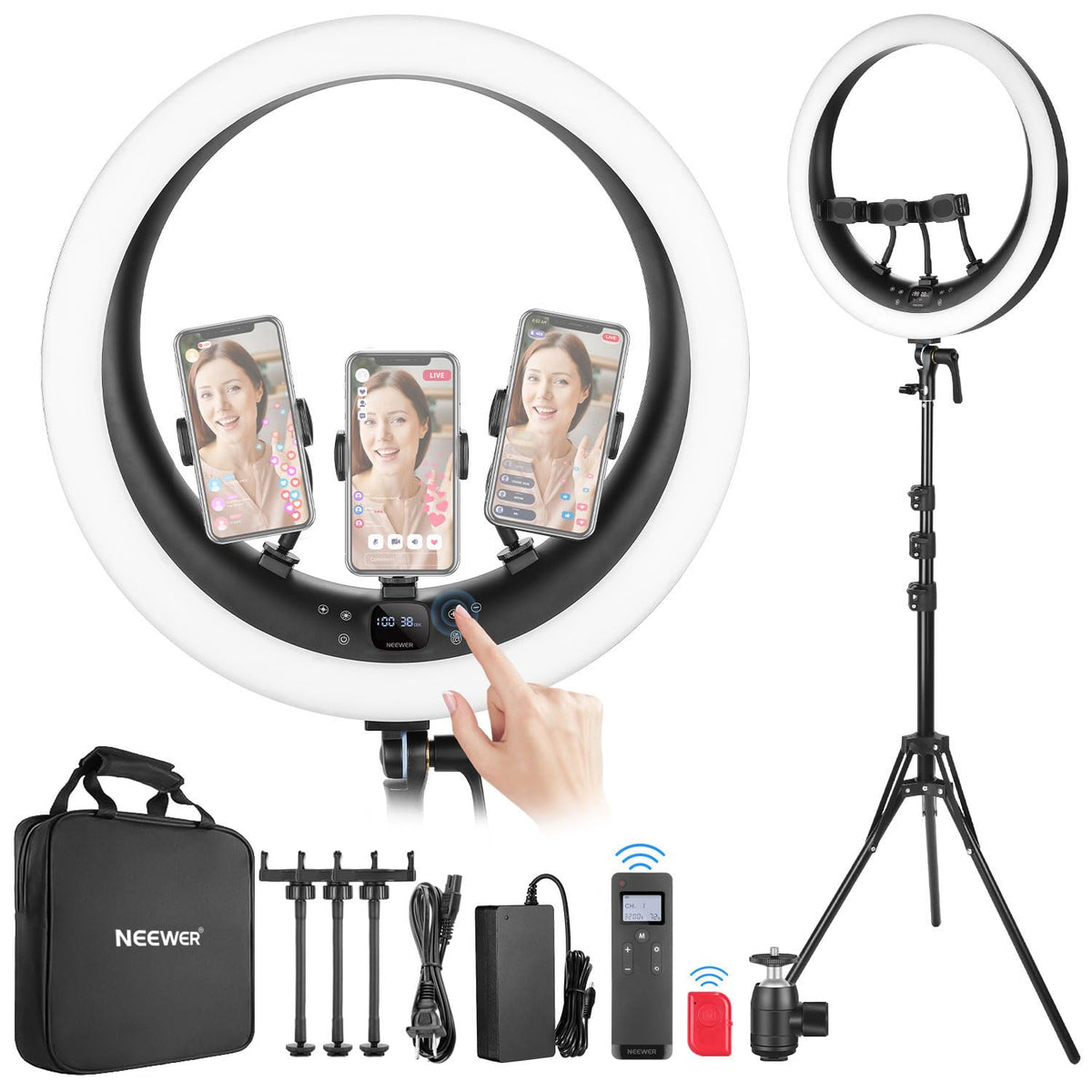 NEEWER 19 inch 2.4G Ring Light with Stand, 3 Phone Holders, 2.4G USB Transmitter for Mac/PC Remote Control, Touch Panel, Smooth Dimming at 1%, 3200K-5600K for Selfie TikTok Live Streaming Zoom, RP19H