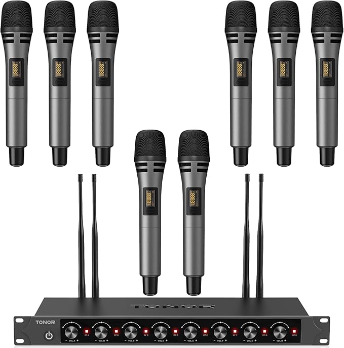TONOR Wireless Microphones System with UHF Headset/Lavalier Lapel Mics, Bodypack Transmitter, Receiver, 4 * 10 Channels, 60 m/200ft Range for Church Conference Performance Singing Karaoke PA Speaker