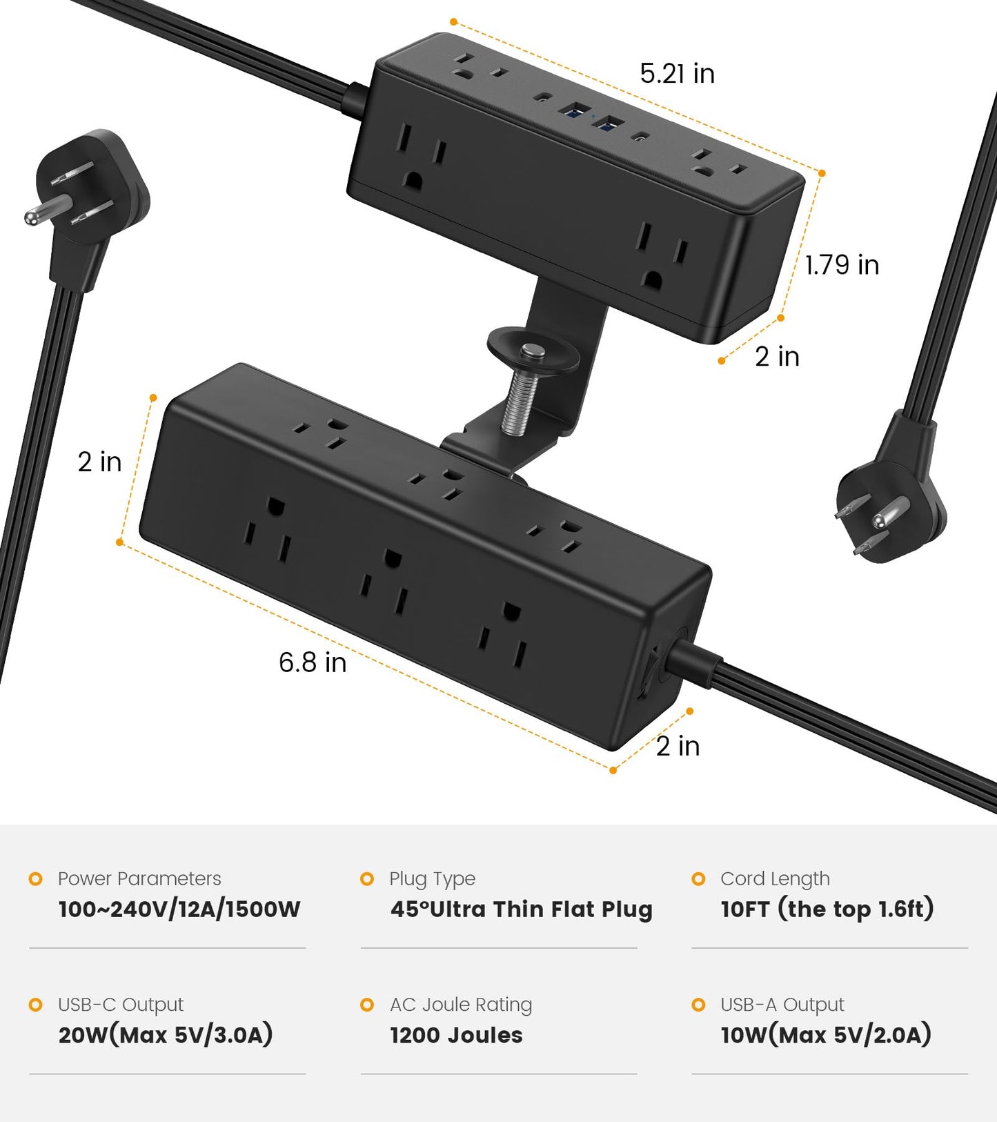 VILONG Dual Layer Desk Clamp Power Strip, 13 Outlets, 20W USB-C, 10FT Cord