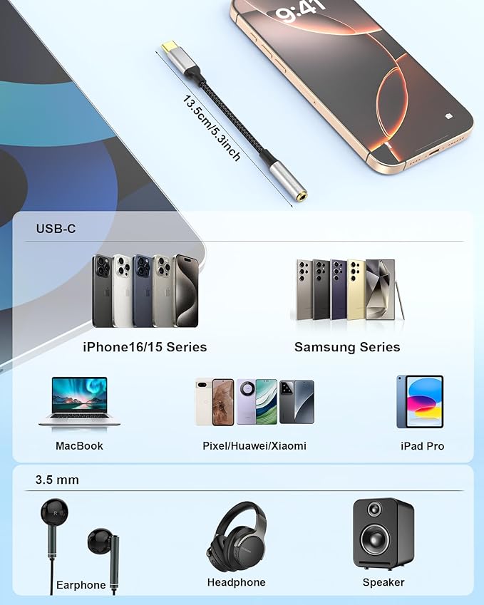 USB C to 3.5mm Headphone Jack Adapter with DAC Chip, 2 Pack HiFi USB-C to Audio Dongle Compatible with iPhone 16 15 Pro Max, Galaxy S25 S24 S23 S22, iPad Pro, MacBook, USBC to Aux Adapter