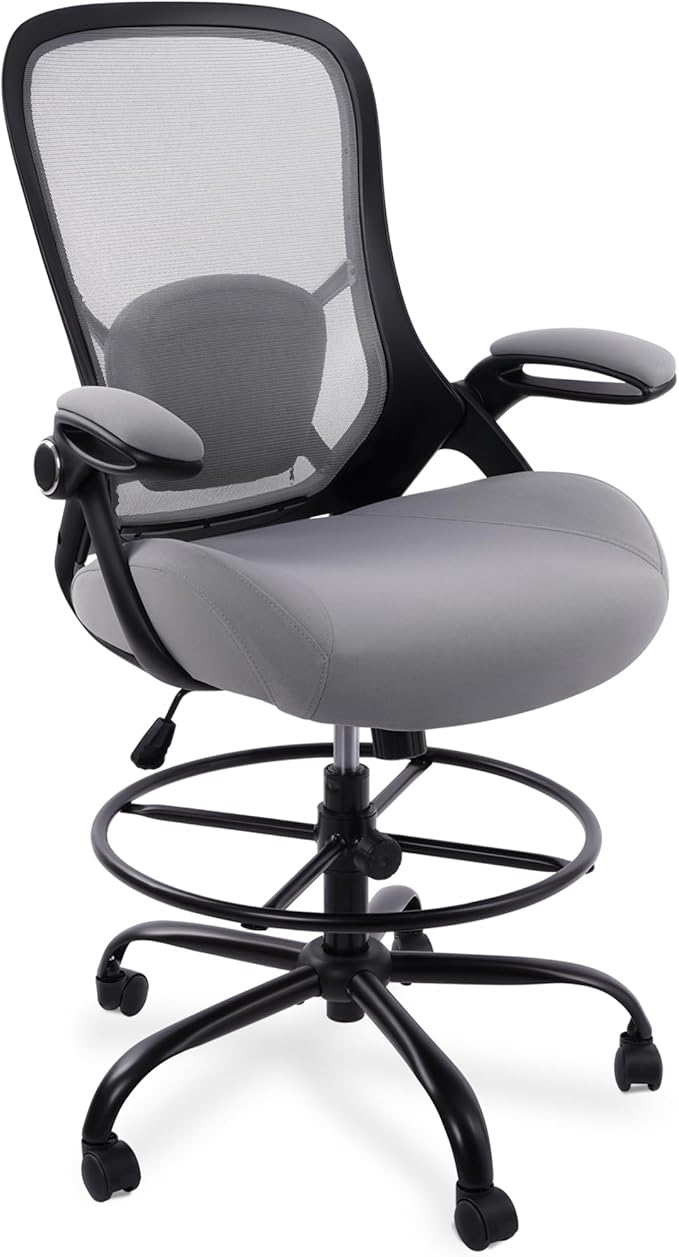 HYLONE 400lbs Heavy Duty Drafting Chair 5" Thickened Seat Office Chair with Flip-Up Armrests Tall Ergonomic Computer Chair with Lumbar Support and Adjustable Footrest Ring Standing Desk Chair (Grey)