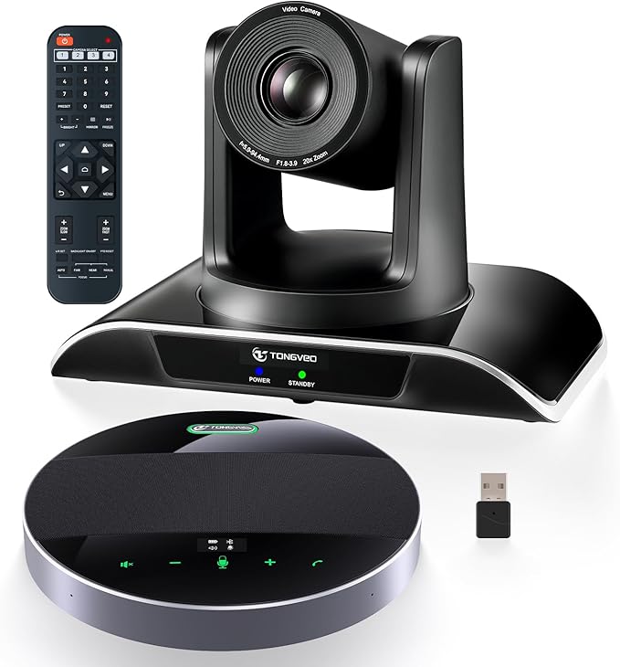 TONGVEO All-in-One Conference Room Video Camera System Al Auto-Tracking HD1080P 60fps 3X Optical Zoom USB3.0 HDMI PTZ Camera and Bluetooth Conference Speakerphone with Microphones