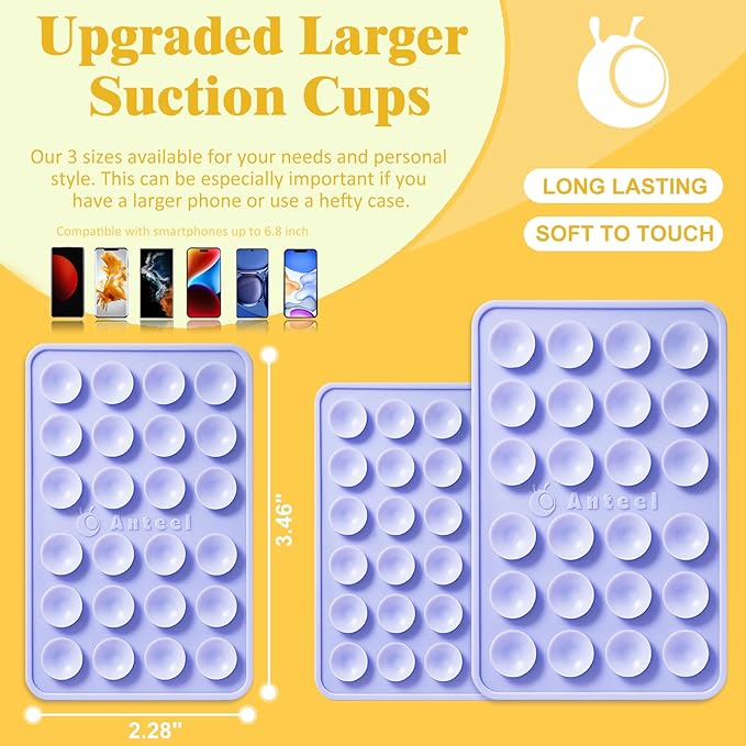 Anteel Medium-Sized Silicone Suction Phone Case Adhesive Mount, Enhanced Suction Power and Upgraded Thickened Sticky Phone Grip, Durable, Hands-Free Sticky Phone Holder, 2.28"x3.46" (Translucent)
