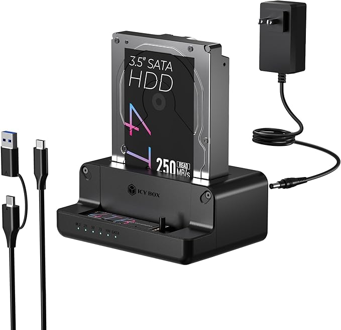 M.2 NVMe & SATA SSD/HDD Hard Drive Docking Station, ICY BOX USB-C 10Gbps NVMe Cloner&Reader, TripleBay Hard Drive cloner for 2.5"/3.5" SSD&HDD Hard Drives, Offline Cloning, Tool-Free (3 Bay)