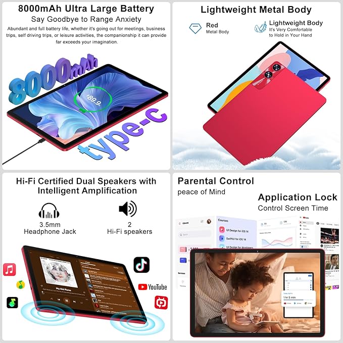 Android 14 Tablet 11 Inch Tablets, 24GB RAM 256GB ROM(1TB Expand), Octa-Core Tablets with 8000 mAh Battery, 5G WiFi, Bluetooth 5.0, Android Tablet 5MP+13MP Dual Camera, IPS Touch Screen, GPS Tab-Red