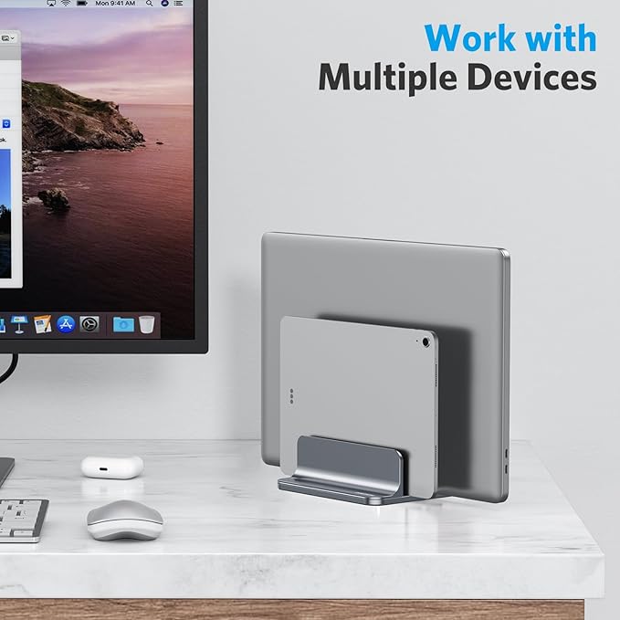 OMOTON Dual Vertical Desk Laptop Stand Holder, Fits MacBook Air/Pro, Grey
