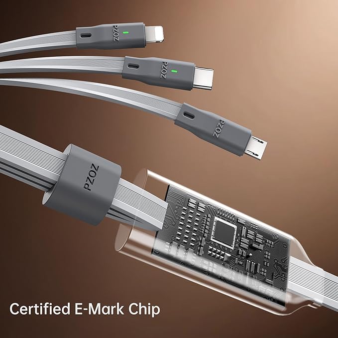 pzoz 100W USB C & USB A Fast Charging Cable, 3 in 1 Multi Charging Cable with E-Marker Chip, USB-C/Lightning/Micro USB Cord for iPhone, iPad Pro, MacBook, Samsung Galaxy
