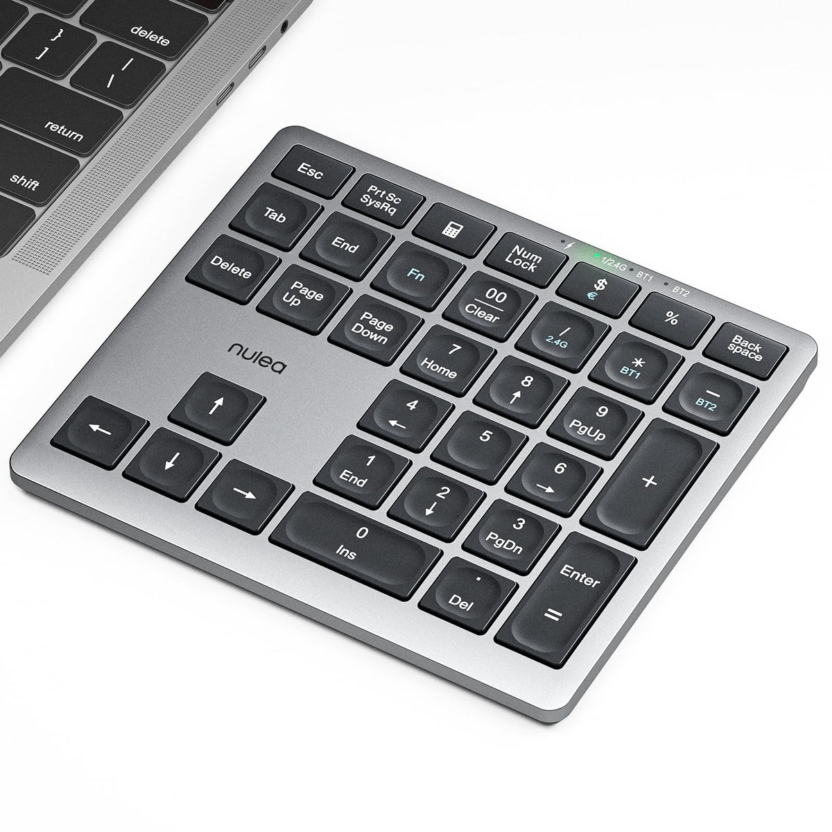Nulea Wireless Number Pad Bluetooth 5.0 & 2.4G Portable Numeric Keyboard, USB-C Rechargeable, 34-Keys Bluetooth Keyboard for Data Entry (Silvery White)