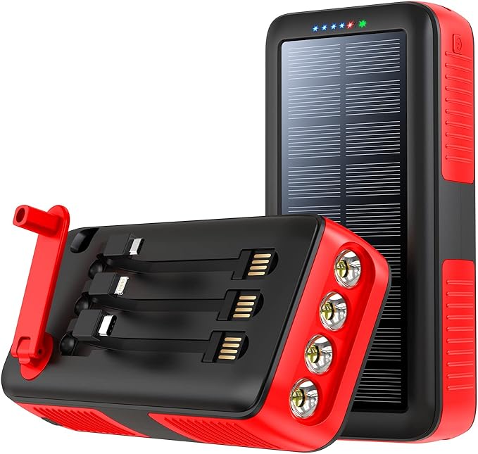 Solar Charger Power Bank 63200mAh, Portable Charger with Dual Outputs & Dual Inputs 4 LEDs Flashlight, Hand Crank Power Bank Fast Charging Battery Pack for Outdoor Camping Survival Gear (gray)