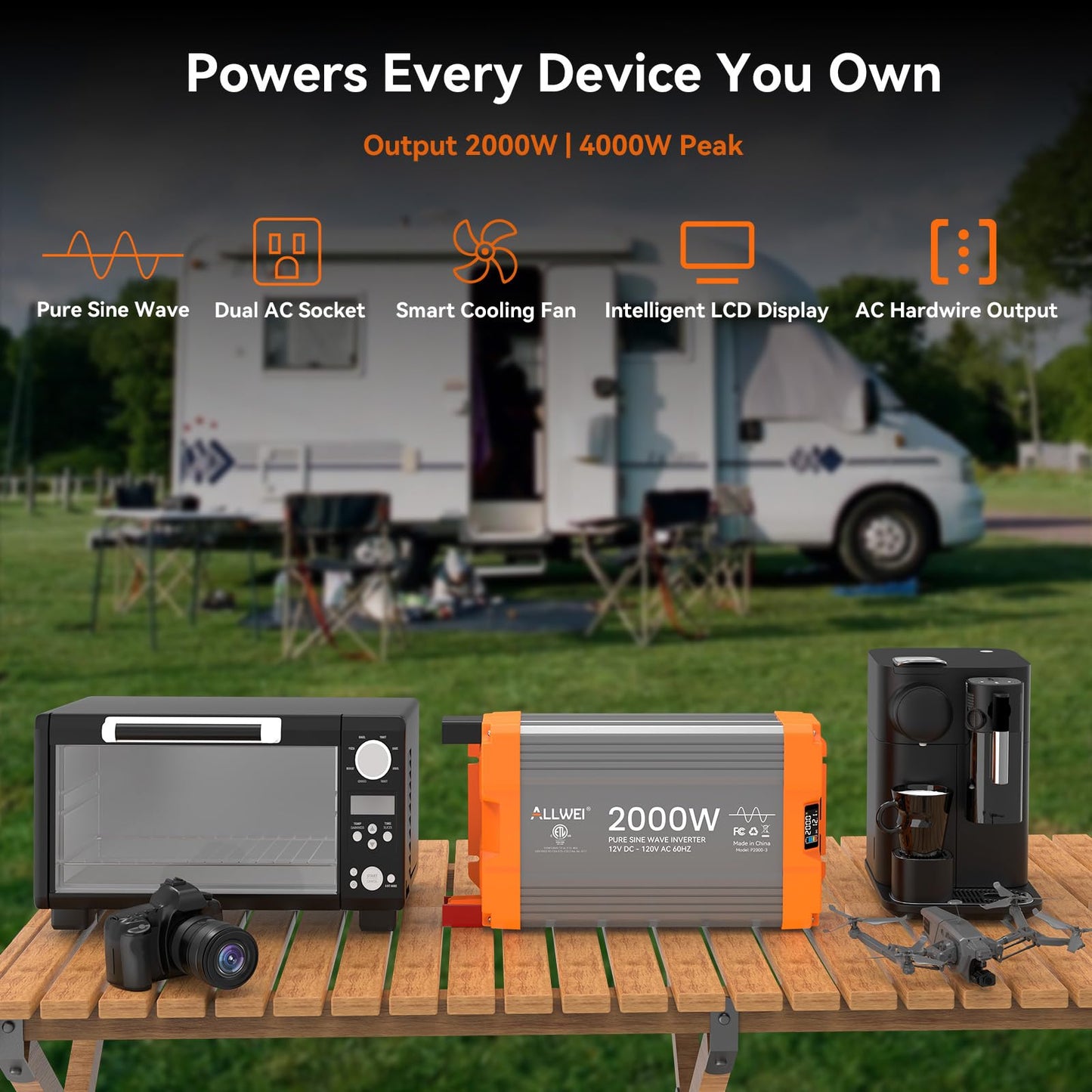 ALLWEI 2000W Pure Sine Wave Inverter 12V DC to 120V AC Converter, Surge 4000W, 20A Sockets, Hardwire Port, Power Inverters for Vehicles, RV Truck Home Solar & Off-Grid Inverter, Remote Controller