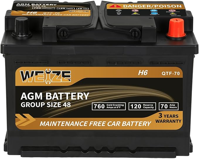 Weize Platinum AGM Battery BCI Group 47-12v 60ah H5 Size 47 Automotive Battery, 100RC, 680CCA, 36 Months Warranty, Dimensions 9.52" L x 6.89" W x 7.48" H
