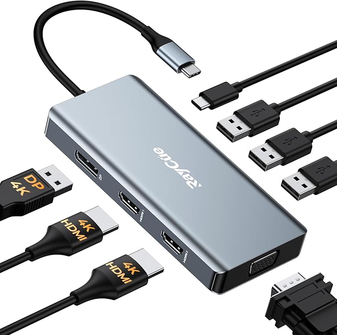 14 in 1 Triple 4K Display USB C Docking Station, Single DisplayPort Up to 8K@30Hz/ 4K@144Hz/ 4k@120Hz, USB C Hub Multiport Adapter Dongle with 2 HDMI, 7 USB Ports, 100W PD, Ethernet, Audio