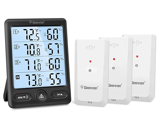 Geevon Indoor Outdoor Thermometer Wireless, 5-Inch Display Digital Hygrometer Thermometer Temperature Humidity Monitor with 3 Remote Sensors and Backlight, Battery-Powered