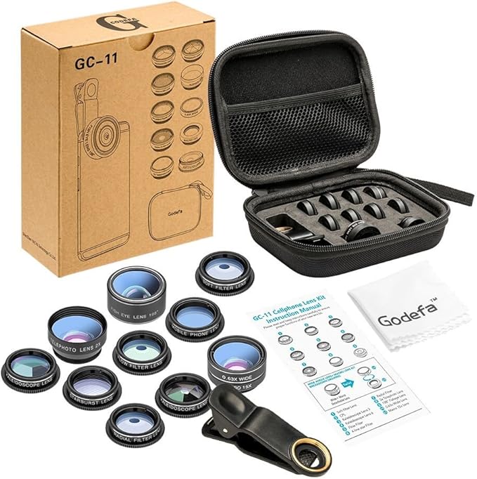 Cell Phone Camera Lens Kit,11 in 1 Super Wide Angle+ Macro+ Fisheye Lens +Telephoto+ CPL+3/6 Kaleidoscope+Starburst/Radial/Soft/Flow Filter Lens Compatible for iPhone X/8/7/6s/6 Plus, Samsung,Android