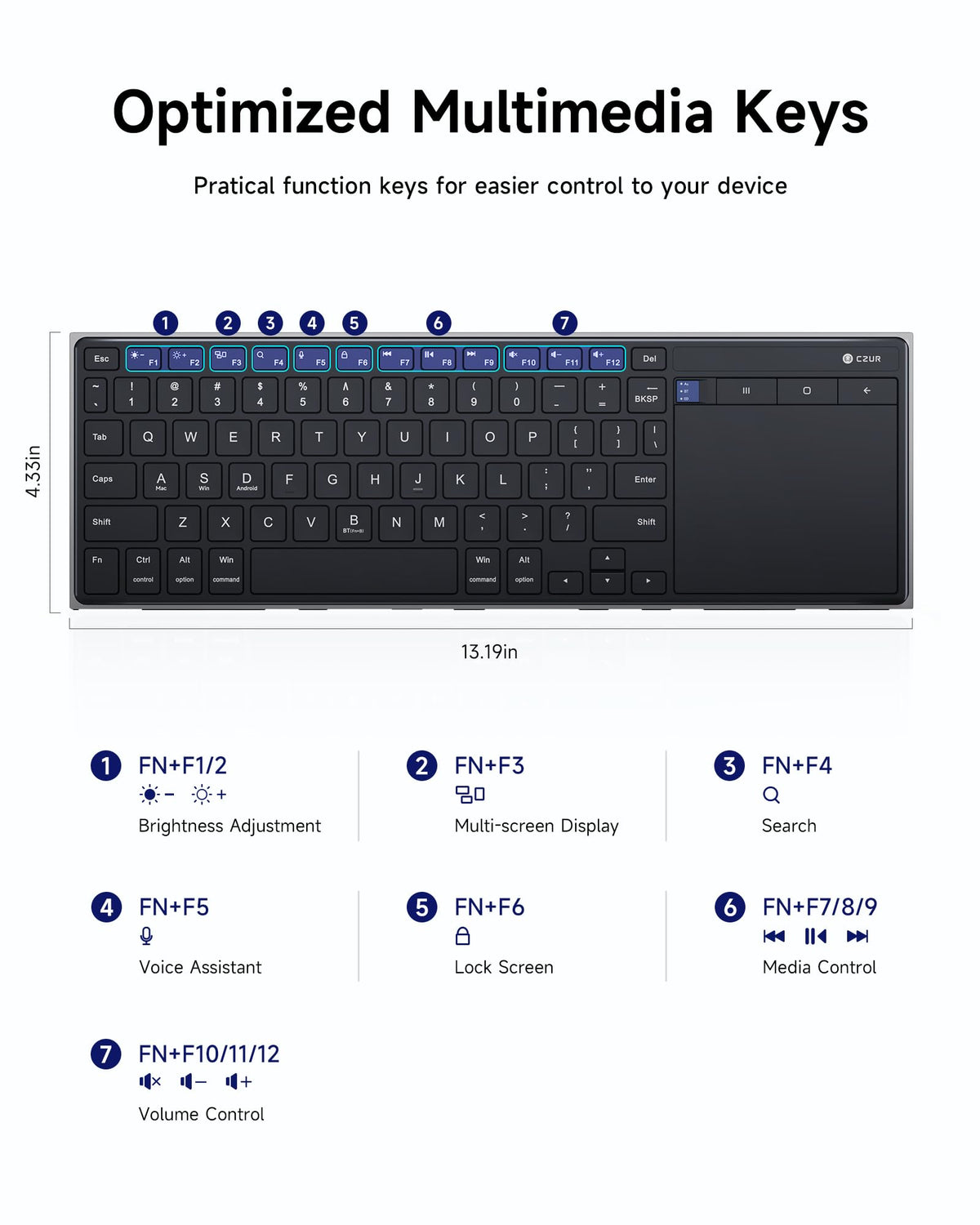 CZUR K5S Bluetooth Keyboard with Touchpad, Wireless & Wired Keyboard