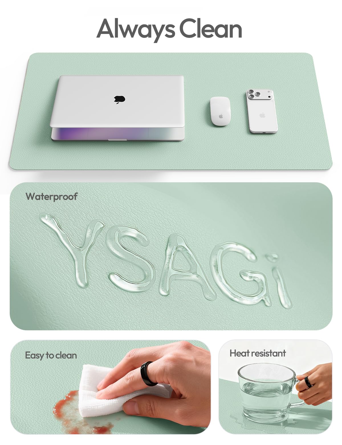 YSAGi Leather Desk Protector, Office Mat, Large Mouse Mat, Non-Slip PU Leather Blotter, Laptop Pad, Waterproof Writing Pad for Office and Home (Pale Green, 23.6" x 13.8")