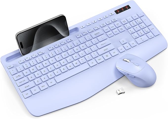 Wireless Keyboard and Mouse Combo - Full-Sized Ergonomic Keyboard with Wrist Rest, Phone Holder, Sleep Mode, Silent 2.4GHz Cordless Keyboard Mouse Combo for Computer, Laptop, PC, Mac