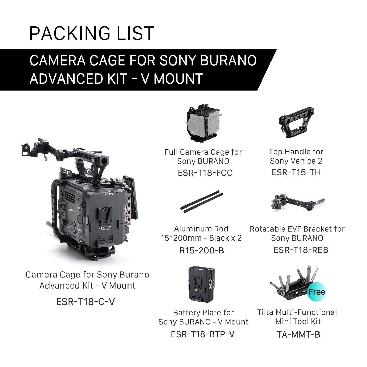 Tilta Camera Cage Compatible with Sony BURANO | Arri Rosettes, 1/4"-20 and 3/8"-16 Threads | w/Top Handle, Left/Right Side Arm, Battery Plate (Advanced Kit - V Mount)