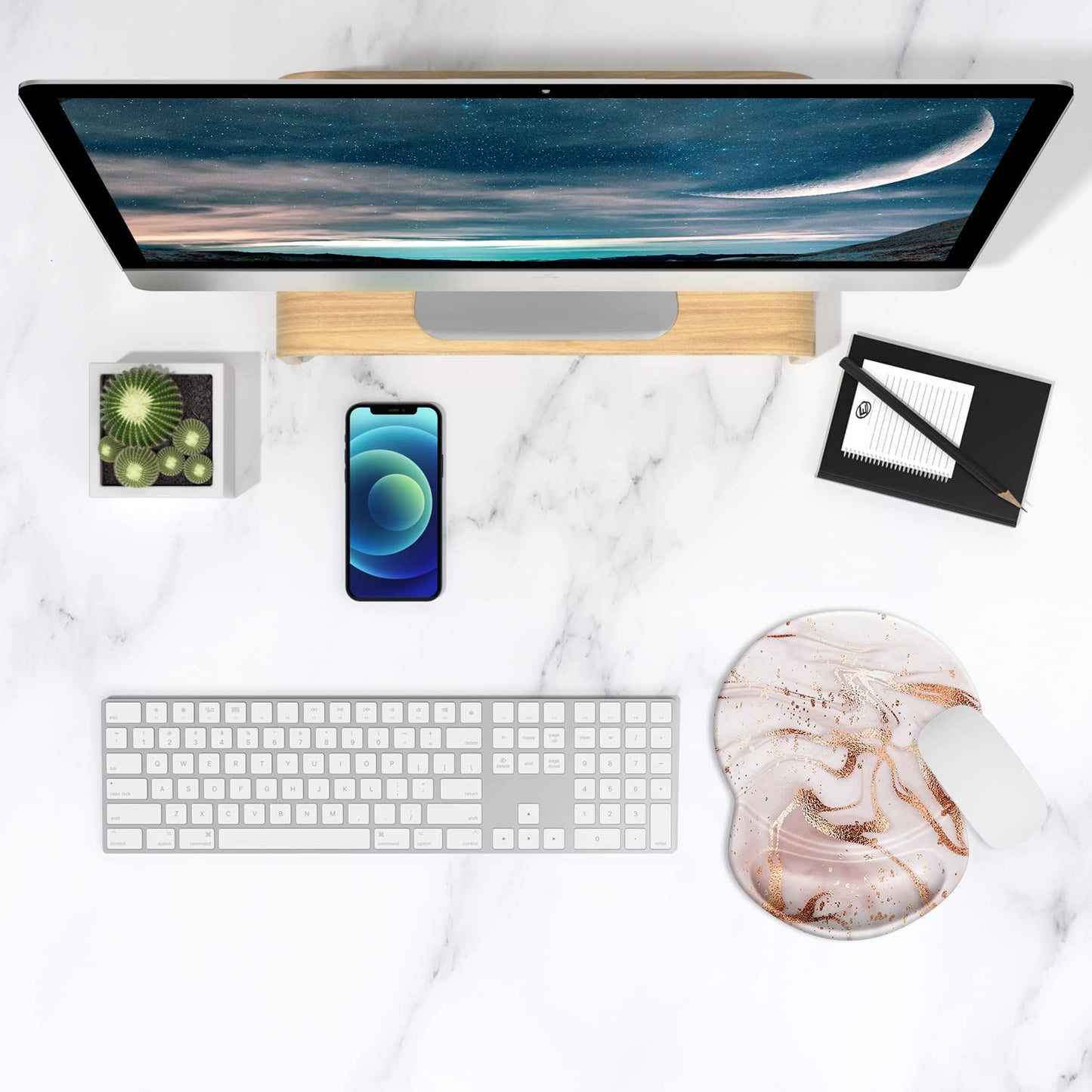ITNRSIIET Ergonomic Mouse Pad with Gel Wrist Support Small Wrist Rest Smooth Surface Non-Slip PU Base Comfortable Office Supplies Pain Relief, 8.7 x 7.2 inches, Rose Gold Marbling