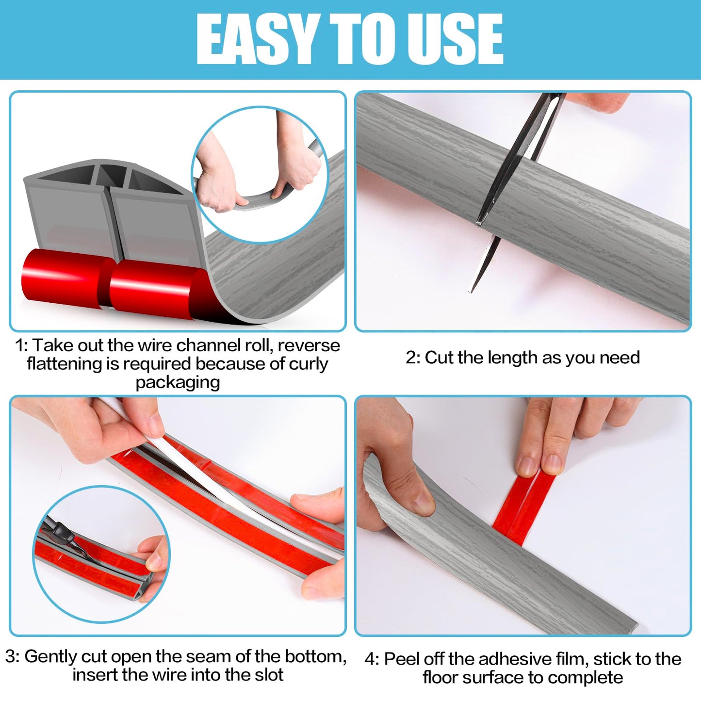Floor Cord Cover Cavity 0.8"x0.37" Self Adhesive Cord Hider, 10FT Low Profile Cable Management, Extension Strip Protector for Wires, Prevent Cable Trips for Offices, Gyms, Exhibitions (Gray Wood)