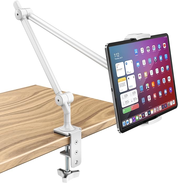 AboveTEK Tablet Stand Holder for Desk & Bed, Aluminum iPad Holder Arm with 360° Rotating Clamp, Adjustable Phone Stand Compatible with 4.7"-13.5" iPad Pro/Air/Mini, iPhone