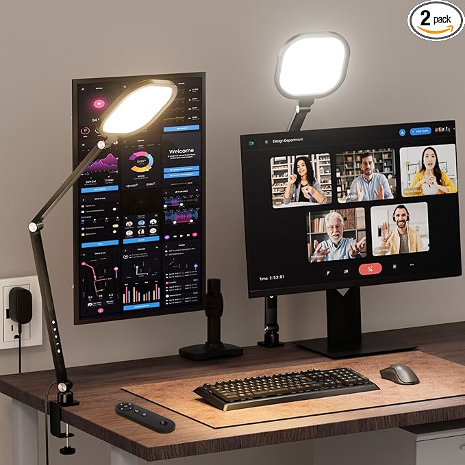 LitONES Video Conference Lighting for Computer, Dimmable Light for Video Recording, Meeting, Laptop & Webcam, 15W Ring Light for Desk with C- Clamp, Swing Arm, Remote, Memory & Timer CRI >95