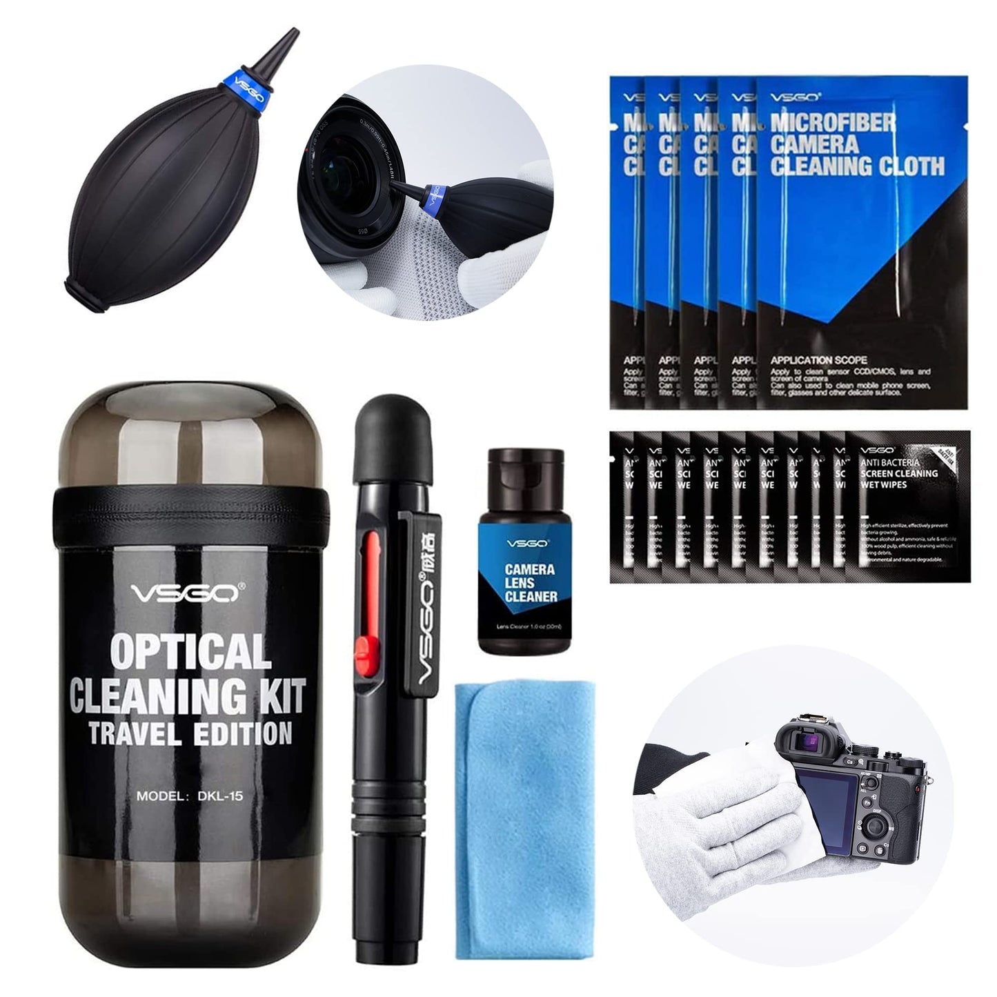 VSGO Professional Lens Cleaning Kit (DKL-15D) - Includes Lens Pen, Air Blower & Cleaning Fluid - Portable Dust Removal for Camera Lenses, Filters, Cell Phones and Electronics