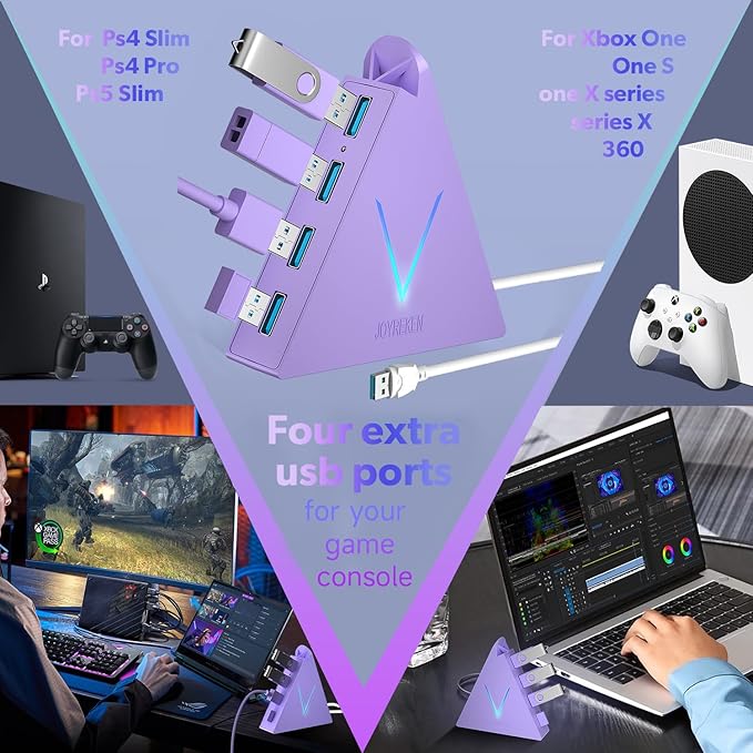 4-Port USB 3.0 Hub Tower with 2ft Cable - USB Splitter for Laptop,PC,PS4,PS5,Xbox,Mouse,Keyboard,Hard Drives,Mobile HDD(Light Purple)