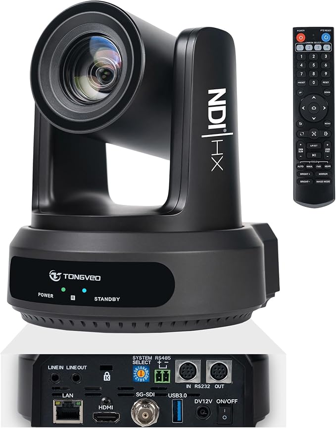 TONGVEO 4K NDI PTZ Camera AI Auto-Tracking 20X Optical Zoom HDMI IP Live Streaming SDI USB3.0 PoE LAN Supports for Church Worship Event Video Conference YouTube OBS vMix Zoom Teams and More
