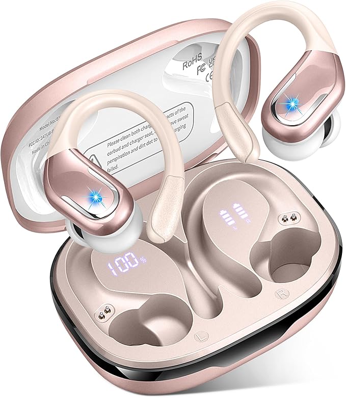 Ltinist Wireless Earbud, Bluetooth 5.3 Headphones Pure Bass Sound with Earhooks, 75H Battery Over Ear Headphones with Dual-LED Display, IP7 Waterproof Earphones Built-in Microphone for Running Sports