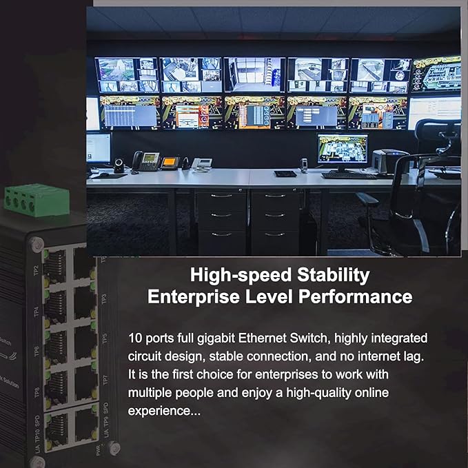 10-Port Gigabit Ethernet Switch,Industrial Design with Rugged Metal Case, Plug and Play, Full-Duplex Fast Ethernet Connectivity, Unmanaged Gigabit Switch, Compact Mini Size, Din-Rail or Wall Mount