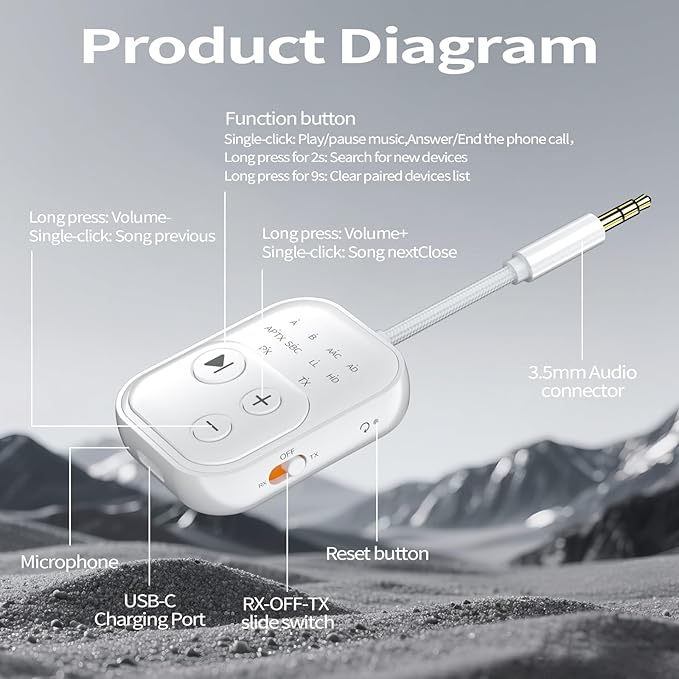 Bluetooth Wireless Transmitter/Receiver Adapter,Supports 2 Headphones,2-in-1 Bluetooth Transmitter Receive with aptX Low Latency,3.5mm Aux Audio Jack Adapter for Airplane/Gym/Car Home Stereo System