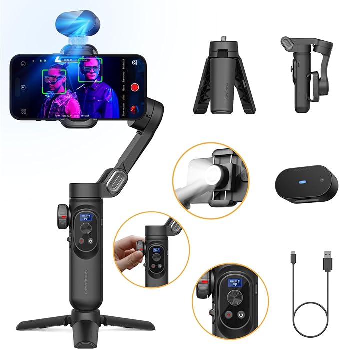 AOCHUAN iPhone Gimbal, 3-Axis Gimbal Stabilizer for Smartphone w/RGB Magnetic Fill Light Portable with Fous/Zoom Wheel for Vlog, Compatible with iPhone 15 Pro Max/Android-Smart X Pro Kit Gray