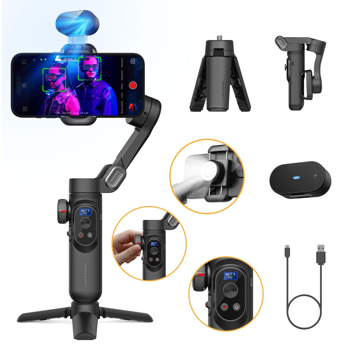 AOCHUAN iPhone Gimbal, 3-Axis Gimbal Stabilizer for Smartphone w/RGB Magnetic Fill Light Portable with Fous/Zoom Wheel for Vlog, Compatible with iPhone 15 Pro Max/Android-Smart X Pro Kit Gray