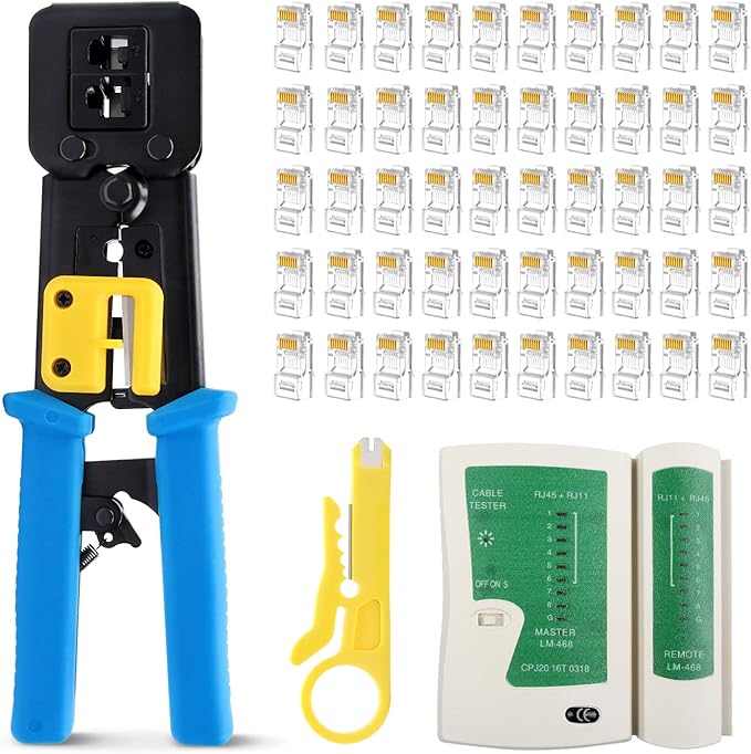 Delgada RJ45 Ethernet Network Crimping Tool Kit for Cat6 Cat5e Cat5 Crimp Tool, with 10pcs Cat5 Cat5e Connectors, 10pcs Covers, Network Cable Tester, Cutter and Stripper