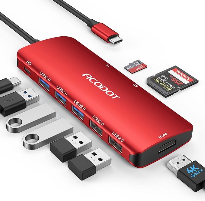 USB C Hub, 9-in-1 Multi-Port USB Adapter, 4K@60Hz HDMI, 100W Max PD, 3 USB3.0(5Gbps) + 2 USB2.0 Data Ports, SD/TF Card Reader for MacBook, iPad Pro, Dell, HP, Lenovo, Windows Laptop