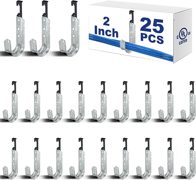 Zonon 25 Pcs J Hooks for Hanging Metal J Hook Hangers Cable Support with Bat Wing Heavy Duty G60 Galvanized Steel Cable Hooks for Attaching Ceiling Wire Threaded Rod (1-5/16 Inch)