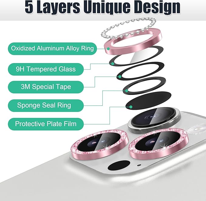AGVEE 3+3 6 Pack for iPhone 16 Pro 6.3" / 16 Pro Max 6.9" Camera Lens Cover Protector, Bling Diamond & Bling Glitter Metal Ring 9H Tempered HD Glass Camera Cover Protector Film, Bling-Pink